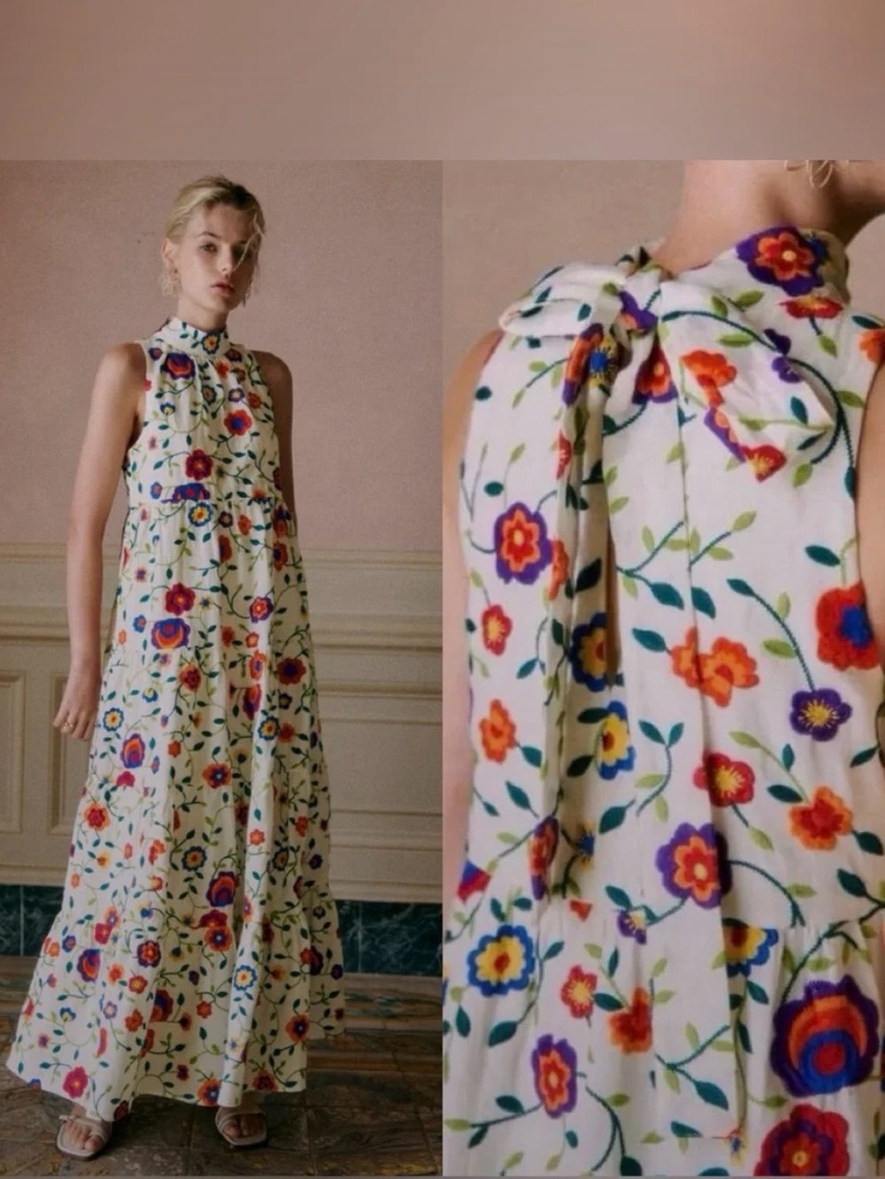 Sezane Olympia Dress Multicolour Embroidered Flowers